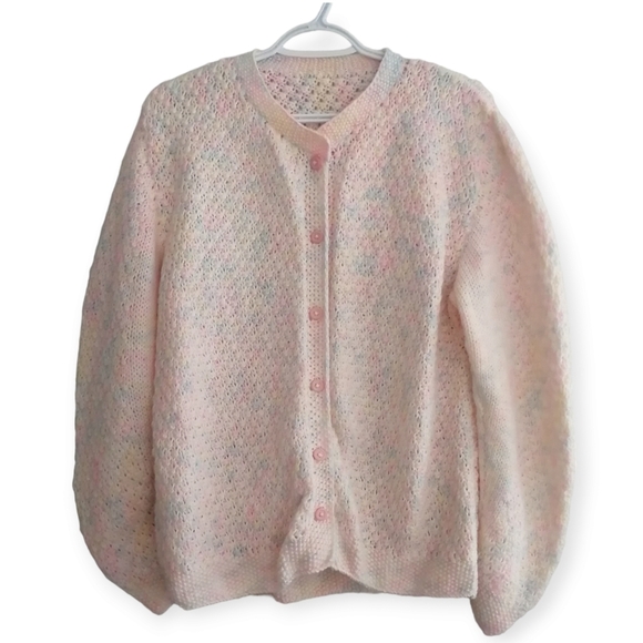 Vintage Sweaters - Vintage Hand Knit Pastel Multicolour Button Up Cardigan  Size Medium